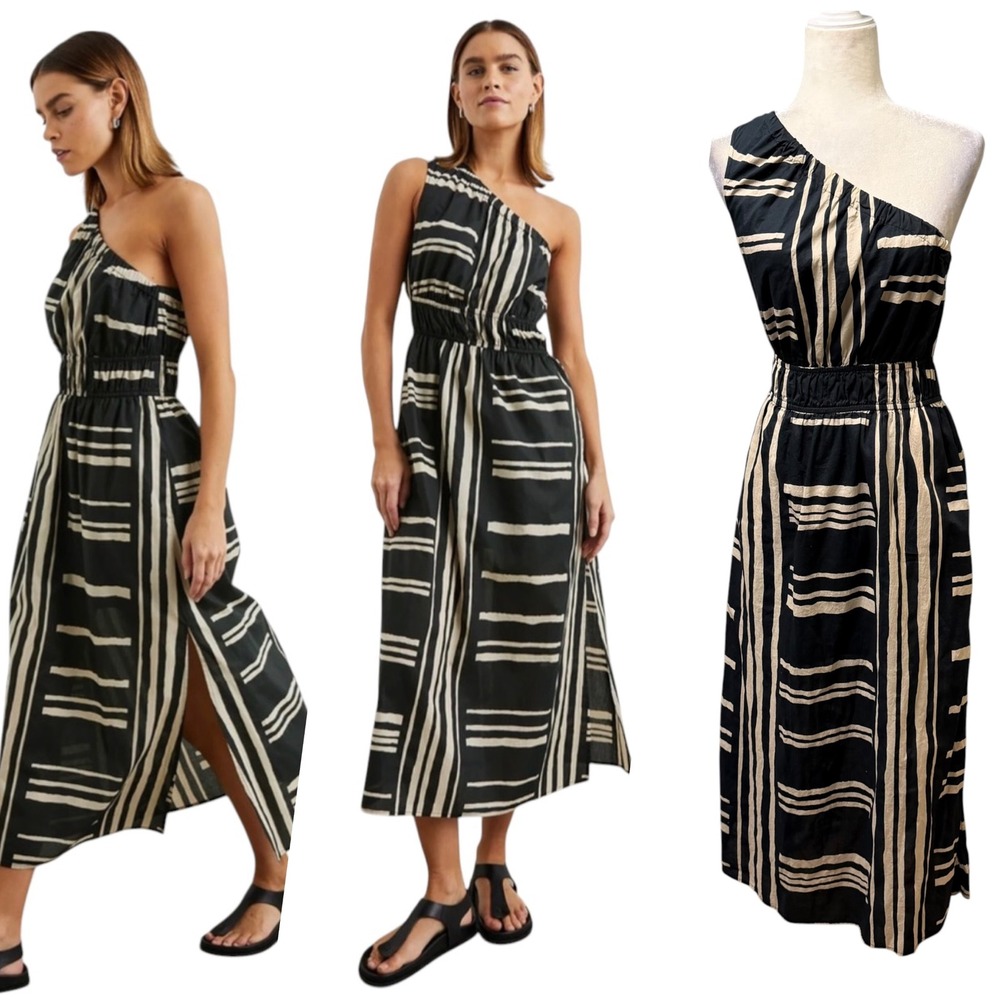 Rails Selani Island Stripe Dress Womens S One Shoulder Maxi Black Boho Cotton